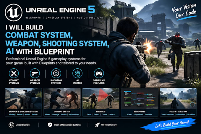 build unreal engine 5 combat system, weapon, shooting system, ai with blueprint