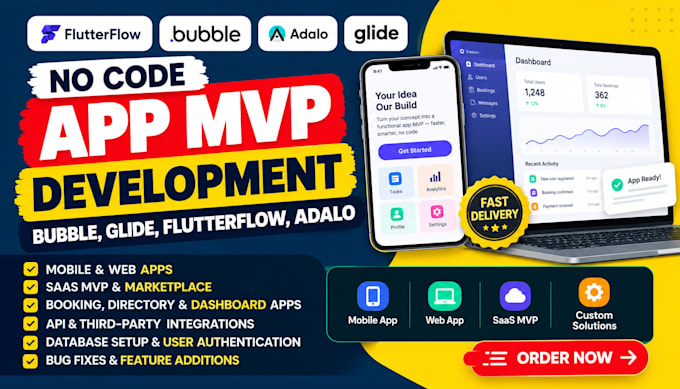 build no code app mvp with flutterflow bubble adalo glide and API integration