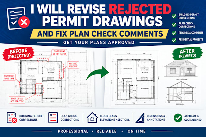 revise rejected permit drawings and fix plan check comments