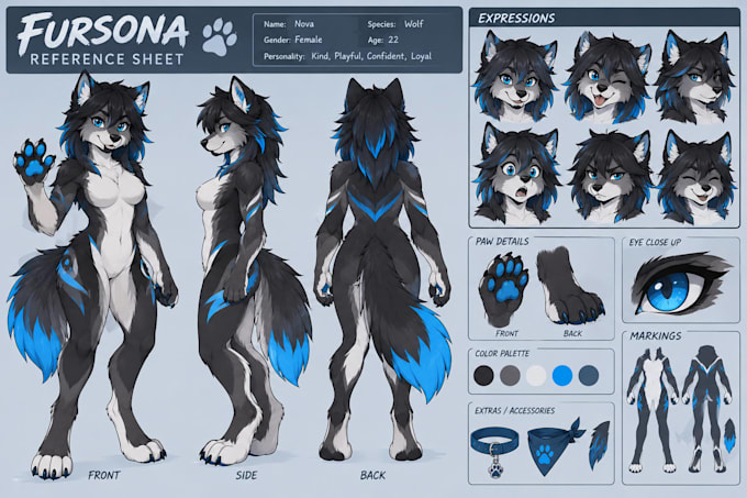 create a custom fursona, anthro oc, furry ref sheet, or fursuit reference