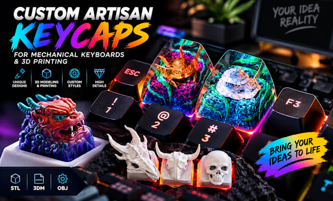 design custom artisan keycaps for mechanical keyboards and 3d printing