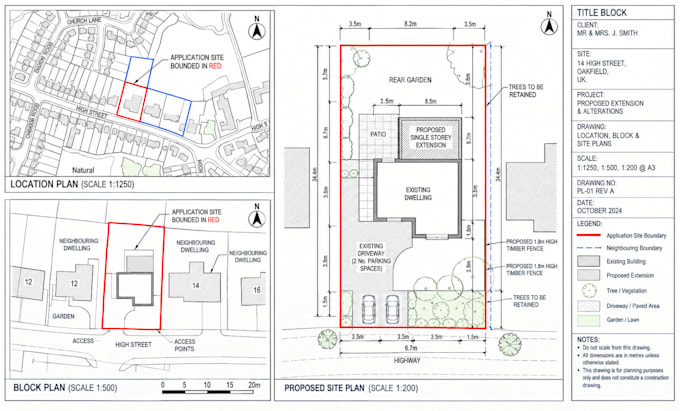 prepare UK planning drawings, location plan, block plan and site plan