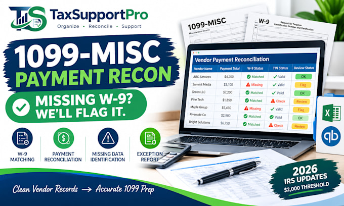 reconcile 1099 misc vendor payments and organize missing w9 data