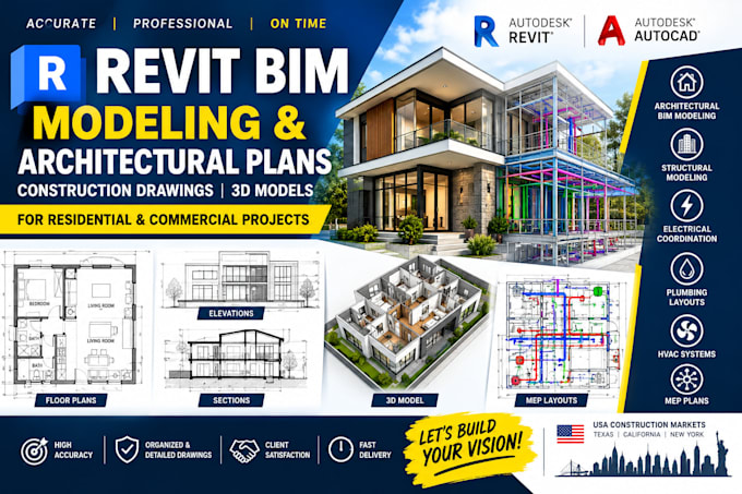 create revit bim modeling, architectural plans and construction drawing