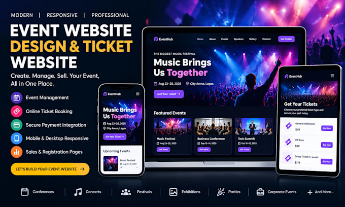 design event website, ticket website, event management website, sales website