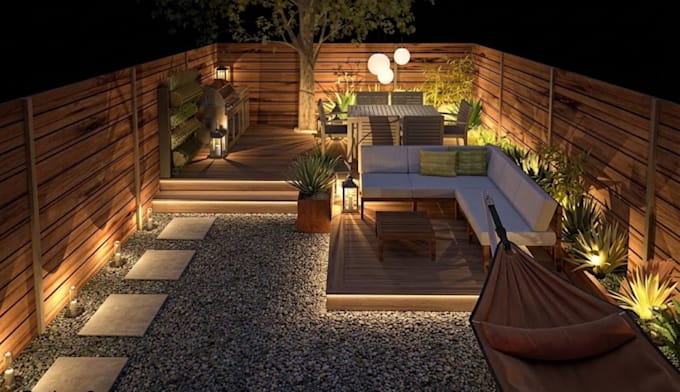design 3d landscape visualization, backyard patio render, rooftop garden
