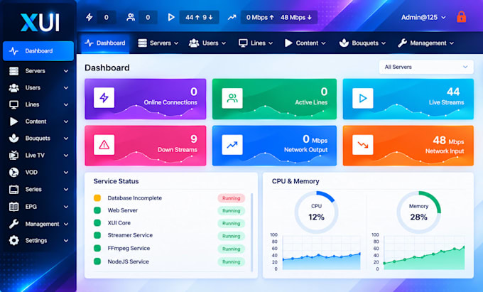 optimize best xui one server, linux admin, xtream ui panel with lifetime connx