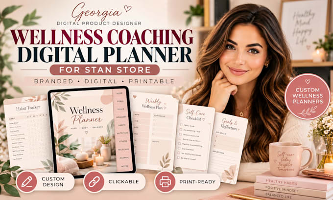 design a branded wellness coaching digital planner product for stan store setup
