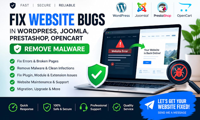 fix website bugs in wordpress, joomla, prestashop, opencart remove malware