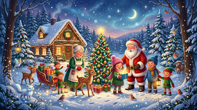 llustrate magical christmas scenes, characters