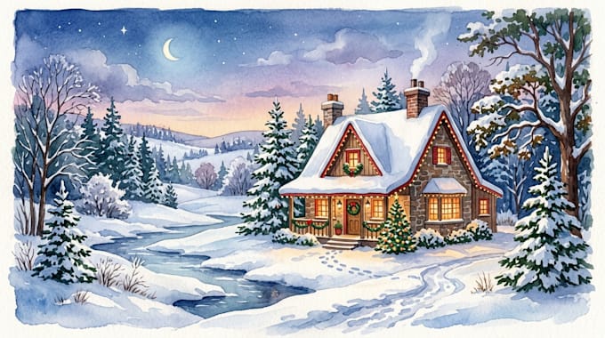 create a watercolor christmas house and winter landscape
