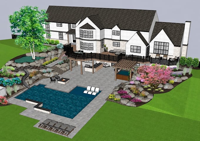 do landscape design, site plan, garden design, backyard, pool and 3d render