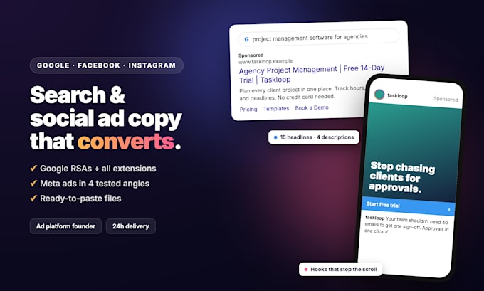 write google ads and facebook ad copy in 24 hours
