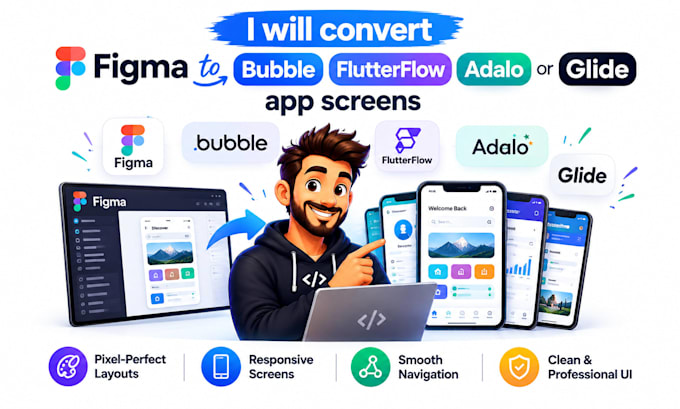 convert figma to bubble flutterflow glide or adalo app screens