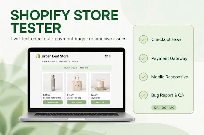 test shopify store checkout, payment, bugs and responsive issues