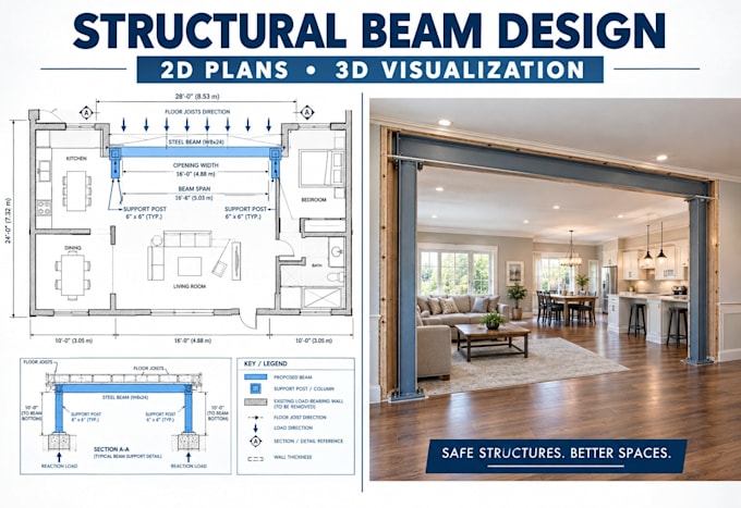 design load bearing wall removal plans beam calculations and structural drawings