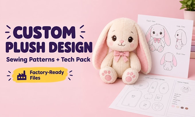 create custom stuffed animal plush toy sewing patterns tech pack ai design