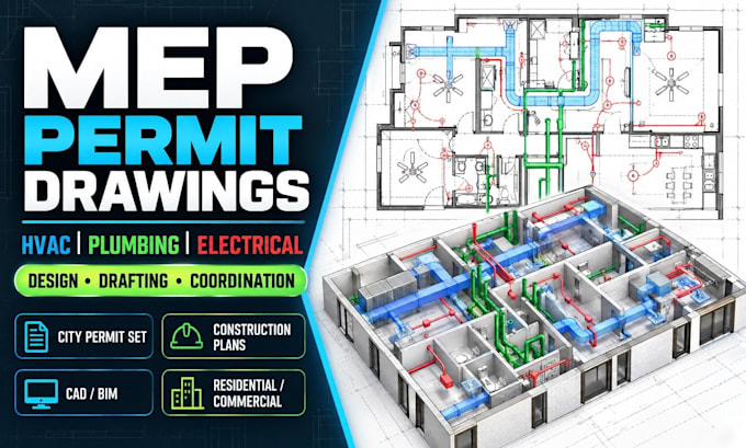 do mep drawing, hvac, plumbing design and electrical design for permit plans