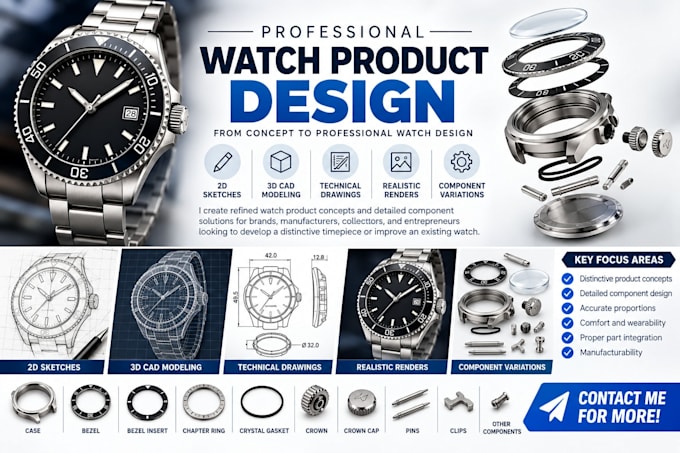design watch case, crown, bezel, spring, chapter ring, gasket, clips product