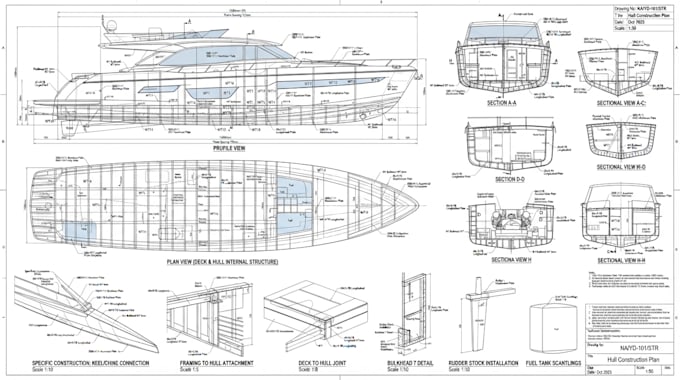 draw boat construction plans, material lists, and marine cad drawing