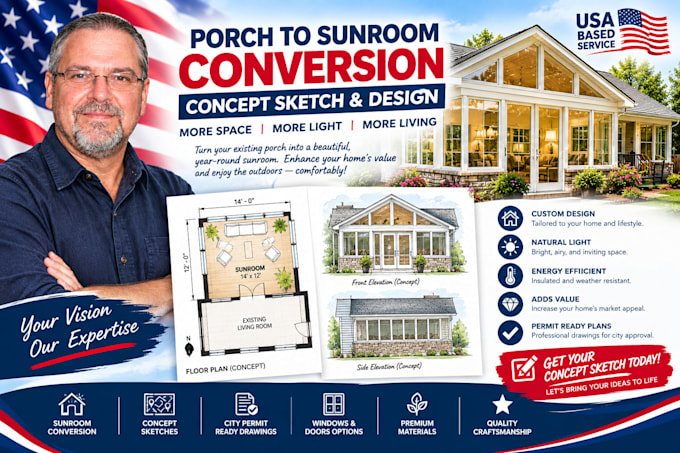 design a porch to sunroom conversion concept sketch