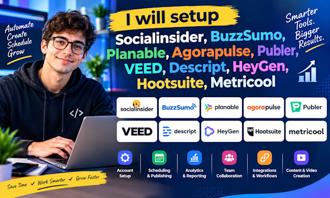 setup socialinsider buzzsumo planable agorapulse publer veed descript heygen