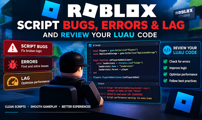 fix roblox script bugs, errors and lag, and review your luau code