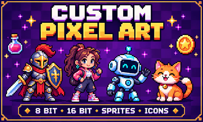create 8 bit pixel art design, icons, object, logo, pets or any characters