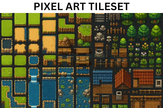 Conjunto de tiles de pixel art, tilemap, arte para juegos, sprite sheet ...