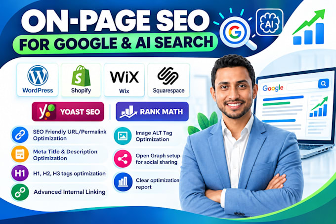 do onpage SEO for wordpress, shopify, wix with yoast and rank math