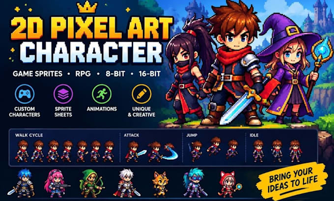 pixel art 2d pixel art character rpg game sprite sheet character animation 8bit
