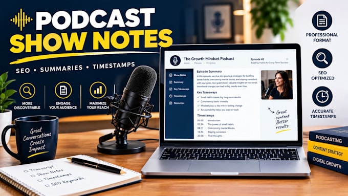 write podcast show notes episode summaries timestamps and podcast transcript