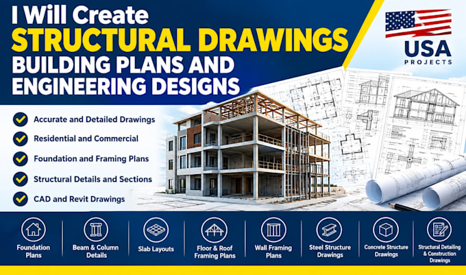 design structural drawings, foundation plans with engineering stamp in USA