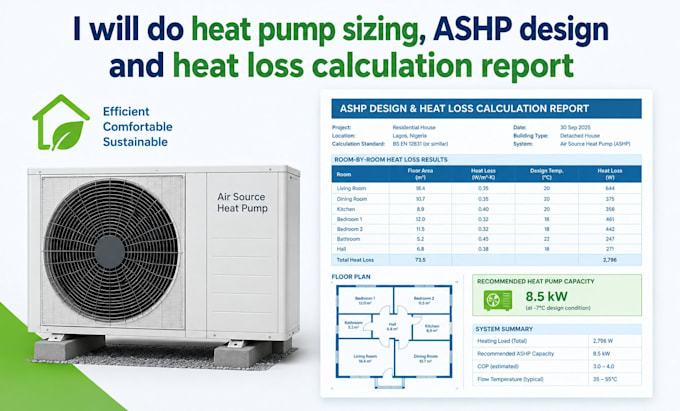 do heat pump sizing, ashp design and heat loss calculation report