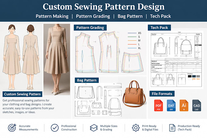create custom sewing pattern, bag pattern design, pattern grading, and tech pack