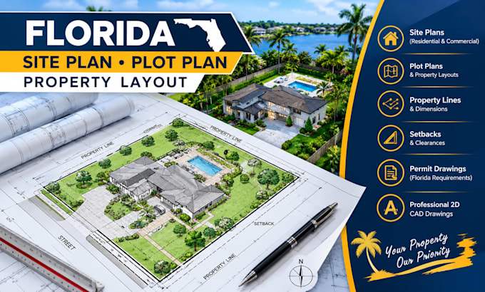 draw florida site plan, plot plan, property layout and permit drawings