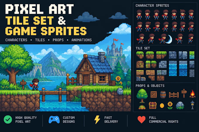 custom pixel art sprites and tilesets for your game