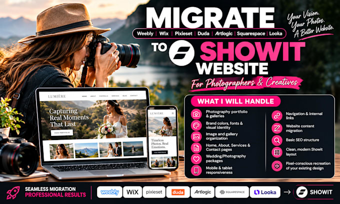 migrate weebly wix pixieset duda artlogic squarespace looka to showit website
