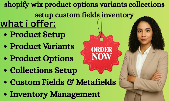shopify wix product options variants collections setup custom fields inventory