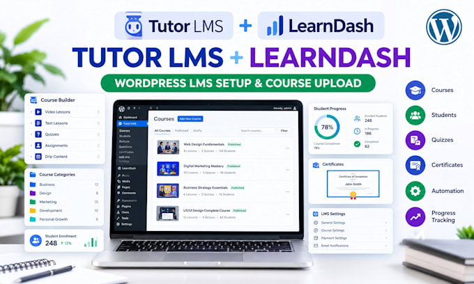 setup tutor lms and learndash wordpress lms, upload courses and customize