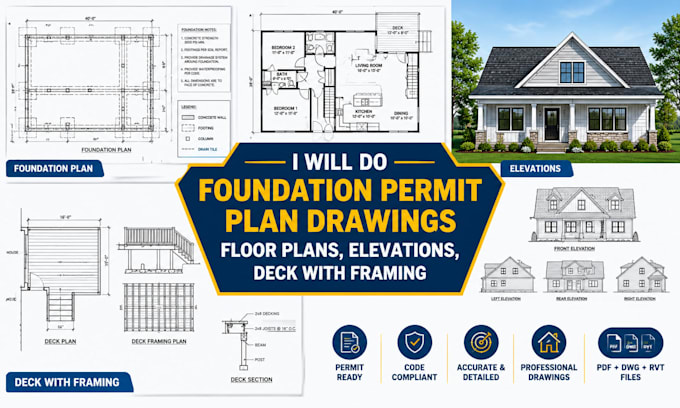 do foundation permit plan drawings, floor plans, elevations, deck with framing