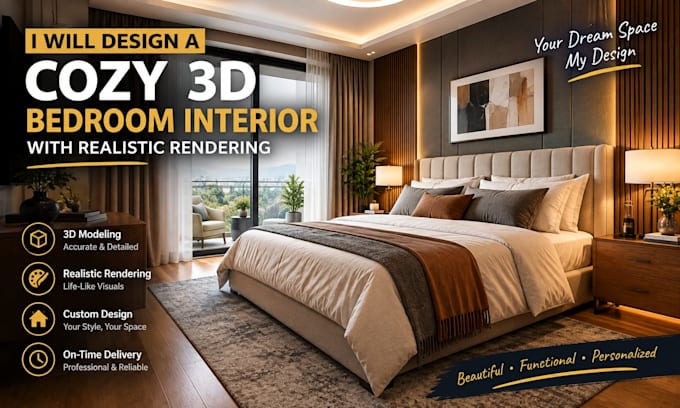 design a cozy 3d bedroom interior with realistic rendering
