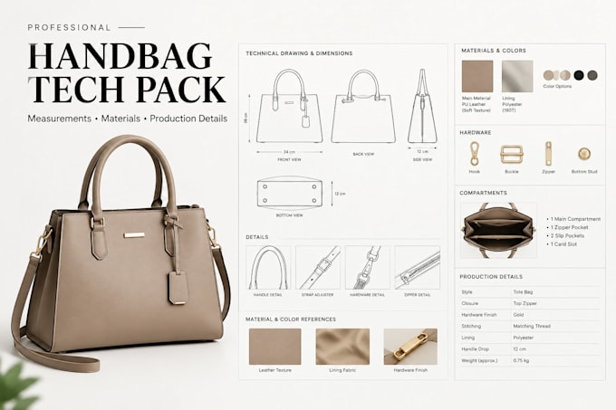 create a clear handbag tech pack with measurements and production details