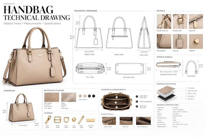 create detailed handbag technical drawings with measurements