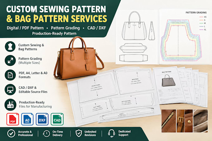 create custom sewing pattern, pdf pattern grading, bag pattern design, tech pack