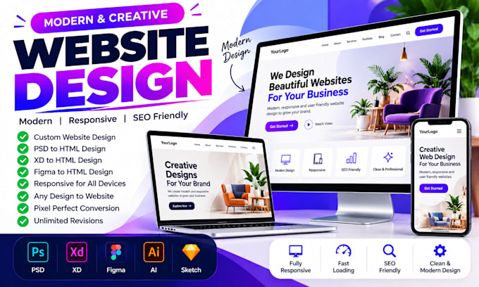convert PSD figma or xd design to responsive HTML website