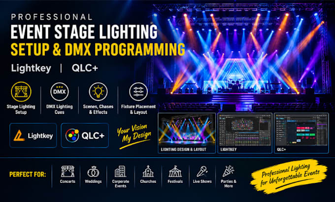 design event stage lighting setup and program dmx lighting cues, lightkey qlc