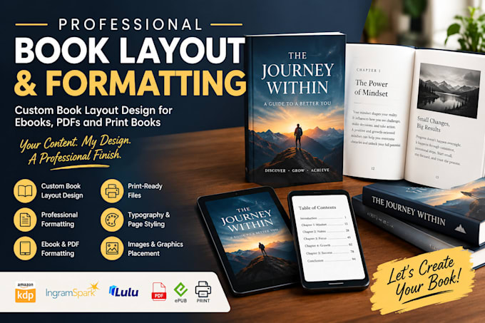 create custom book layout design, formatting for ebook, PDF and print