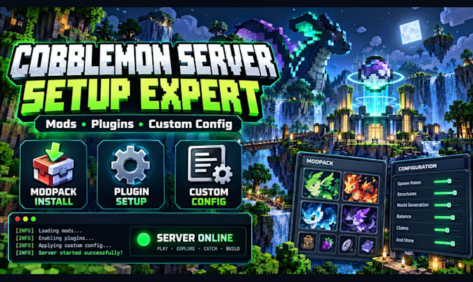 set up a cobblemon modpack minecraft server with mods plugins and custom config