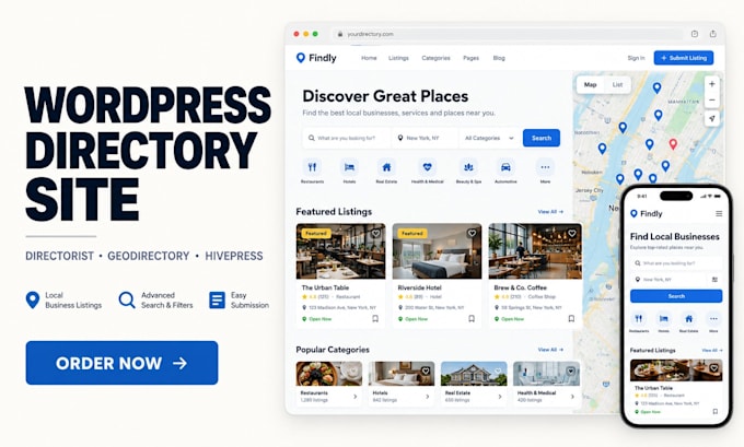 build wordpress directory website with directorist, geodirectory, hivepress, map